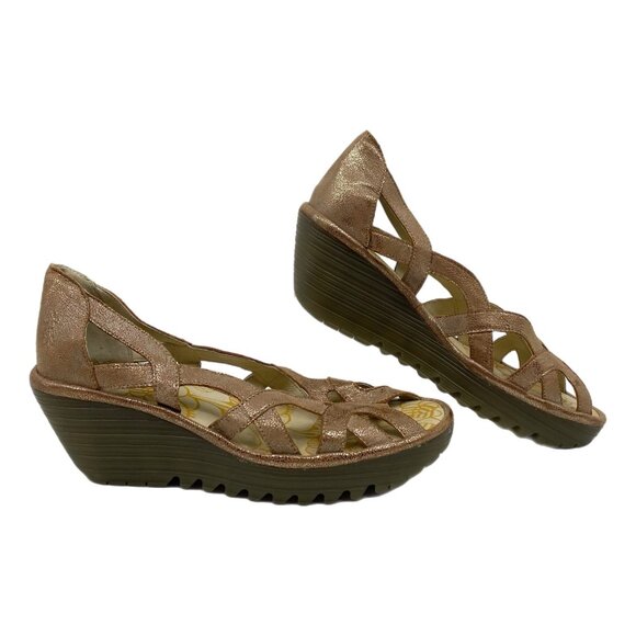 Fly London Tan Metallic Leather Wedge Sandals | Women’s Size 40EU - Picture 1 of 9